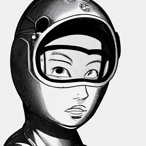 Image similar to close up portrait of the young spaceship pilot girl, front view, masterful, in the style of moebius, akira toriyama, jean giraud