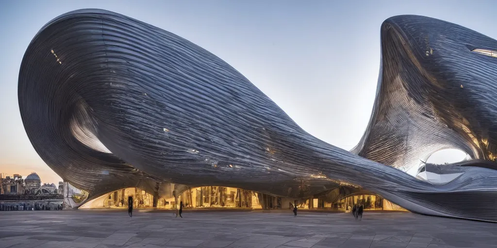 Image similar to extremely detailed ornate stunning sophisticated beautiful elegant futuristic museum exterior by Zaha Hadid, Milan buildings in the background, smooth curvilinear design, stunning volumetric light, stainless steal, concrete, translucent material, beautiful sunset, tail lights