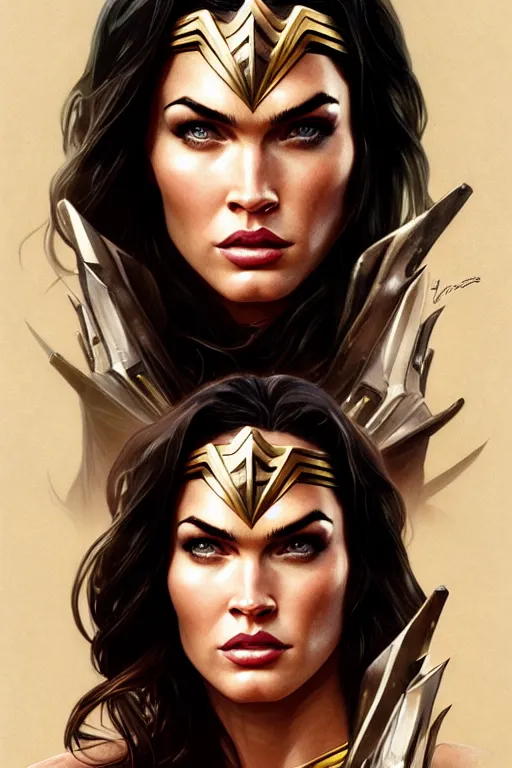 Image similar to portrait of megan fox as wonder woman, dc, intricate, headshot, highly detailed, digital painting, artstation, concept art, sharp focus, cinematic lighting, illustration, art by artgerm and greg rutkowski, alphonse mucha, cgsociety