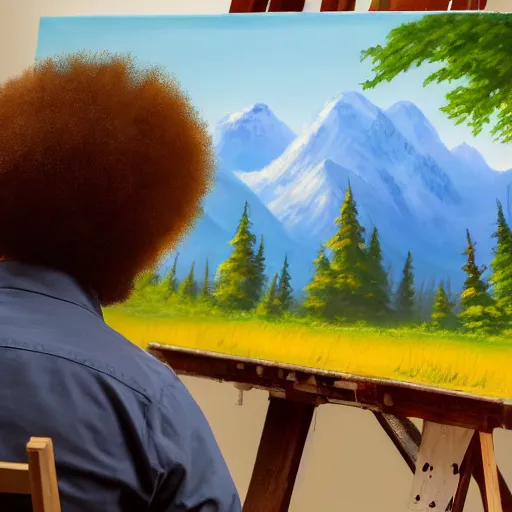 Image similar to a closeup photorealistic photograph of bob ross working on a canvas painting of deadpool. film still. brightly lit scene. mountains and trees. this 4 k hd image is trending on artstation, featured on behance, well - rendered, extra crisp, features intricate detail, epic composition and the style of unreal engine.