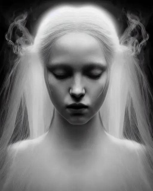 Image similar to monochrome, dreamy, subsurface scattering, white, young beautiful goddess in cosmos with very long white hair floating in air, fluid smoke art, black and white, octane render, dino valls, mark ryden, joe fenton, michal karcz, highly detailed, rim light, art, cinematic lighting, very coherent, hyper realism, 8 k