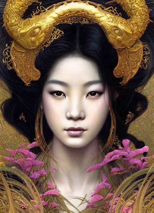 Image similar to asian goddess of the koi!! portrait of a seductive queen in underwater murky light, wind blown hair! fantasy esoteric, closeup, d & d, fantasy, intricate, elegant, highly detailed, digital painting, artstation, concept art, matte, sharp focus, illustration, art by artgerm and tom bagshaw and greg rutkowski and alphonse mucha