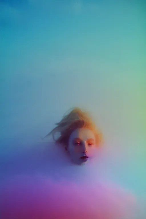 Image similar to high quality pastel coloured film close up wide angle photograph of a model wearing clothing swimming on cloud furniture in a icelandic black rock!! environment in a partially haze filled dreamstate world. three point light, rainbow. photographic production. art directed. pastel colours. volumetric clouds. pastel gradient overlay. waves glitch artefacts. extreme facial clarity. 8 k. filmic.