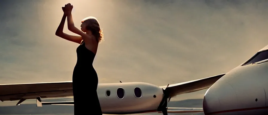 Prompt: Cinematography Taylor Swift kissing her private jet by Emmanuel Lubezky