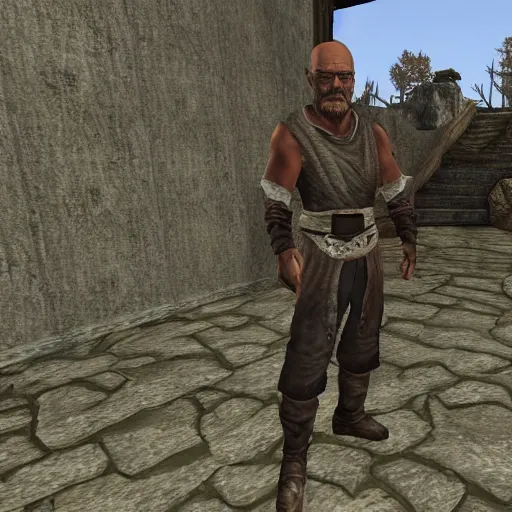 Image similar to walter white visits seyda neen, morrowind, highly detailed, realistic, elder scrolls, adventuring gear