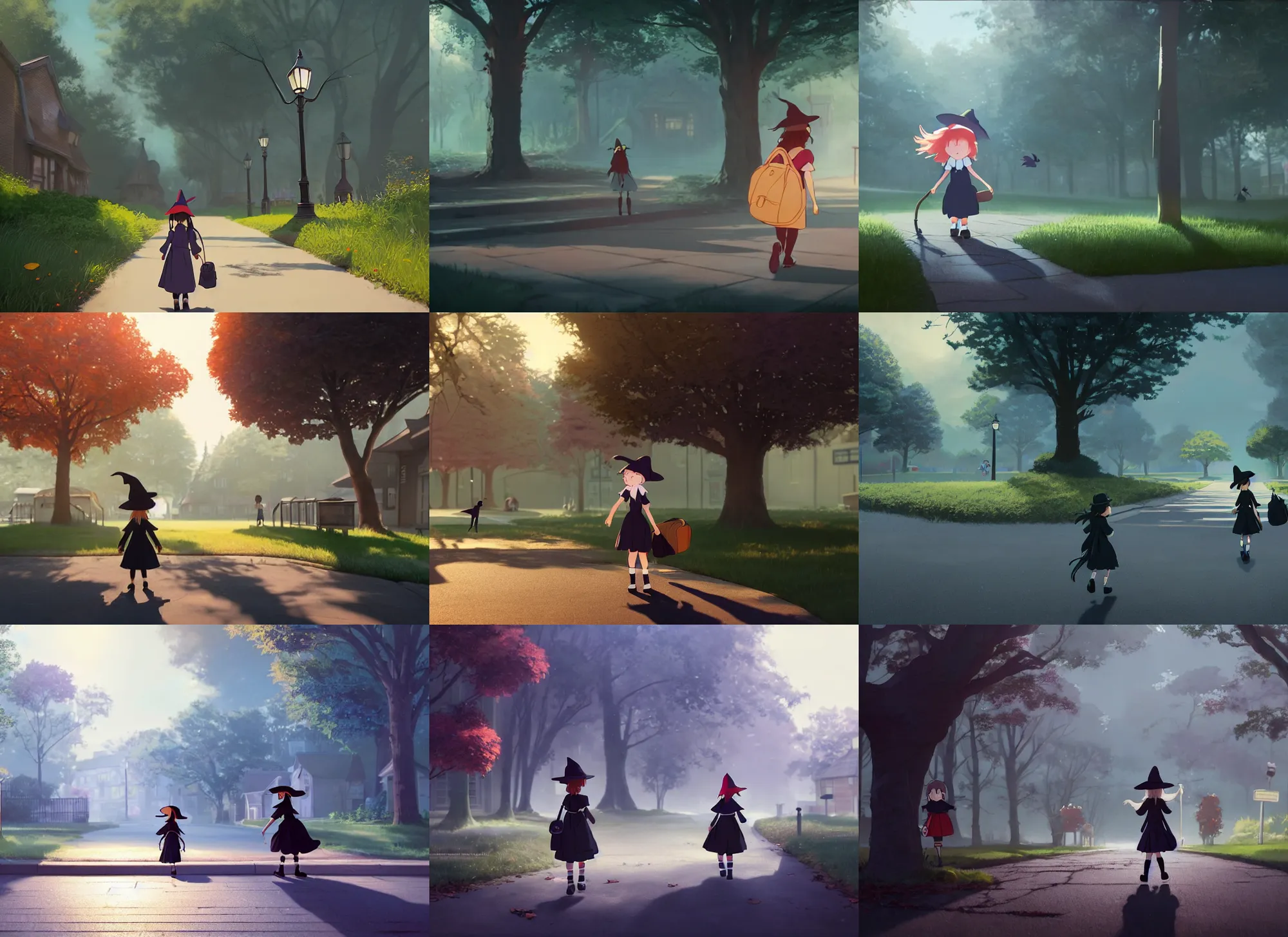 Prompt: a little witch getting off the bus in front of her school and heading towards the school, several people walking, very busy place, the little witch is scared, medium shot, studio ghibli, pixar and disney animation, sharp, rendered in unreal engine 5, anime key art by greg rutkowski, bloom, dramatic lighting