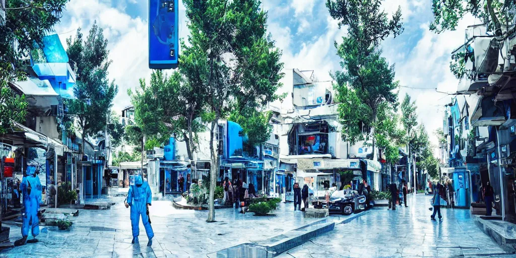 Prompt: a lush pamukkale cyberpunk city landscape with white beautiful trees and royal blue mage wearing a space suit wondering around the luxurious street