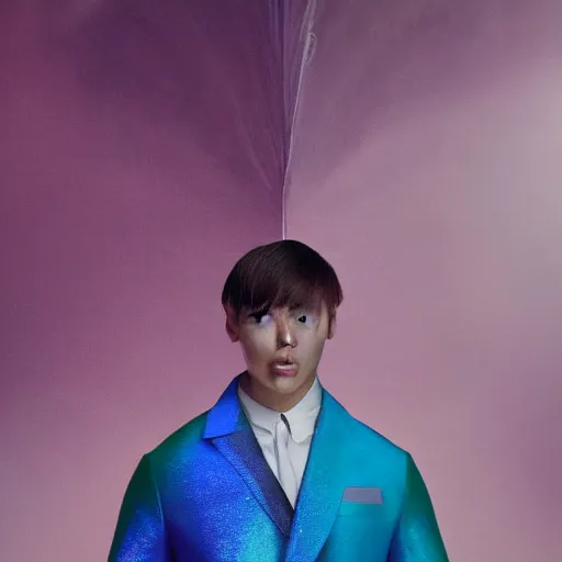 Prompt: a giant iridescent soap bubble in front of a beautiful athletic slim young korean male dressed by alexander mcqueen, photographed by erwin olaf for an art gallery