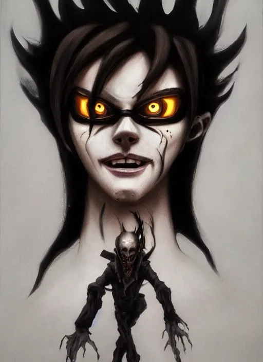 Prompt: dark portrait painting of tracer from overwatch, in style of zdzisław beksinski, scary, horror, overwatch tracer character, evil grin, detailed face, dressed in dark garment, black tendrils, tall,