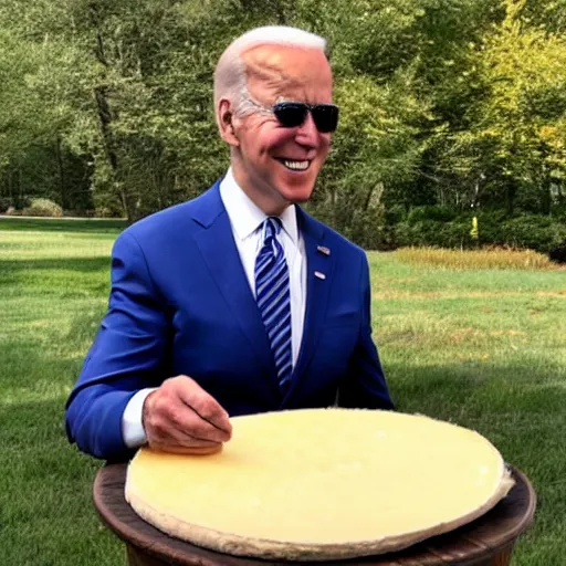 Prompt: joe biden eating a large wheel of cheese,