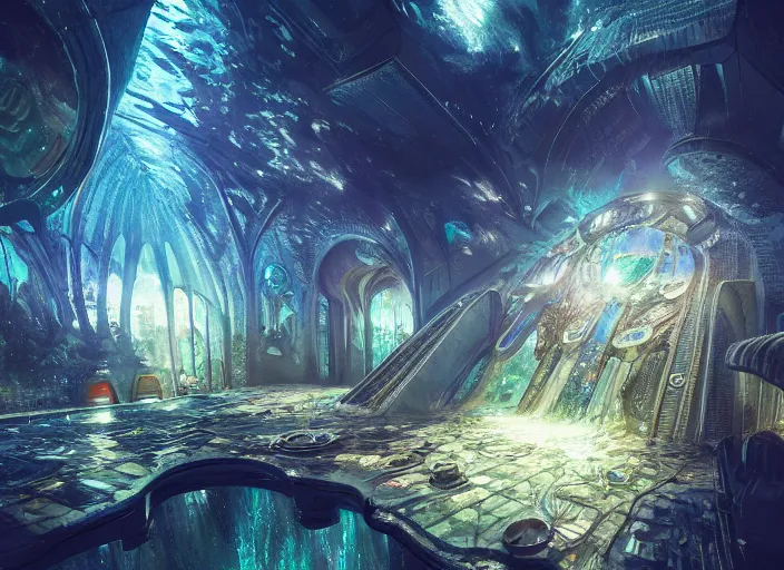 Image similar to favela spaceship cathedral, underwater environment, sorcery, scenery, professional, award - winning, trending on artstation, hyper detailed, realistic, beautiful, emotional, shiny, somber, picture