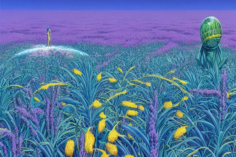 Image similar to evangelionic illustration, a lot of exotic deep blue vegetation, tall thin lavender trees, tremendous bounty, gold iridescent flowers, oldschool vintage sci - fi flat surreal design, super - detailed, digital oil painting by moebius, hd, 4 k, high quality