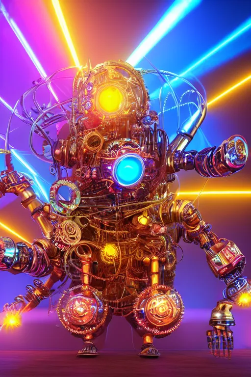 Image similar to photo of a giant huge golden and blue metal steampunk robothead covered with multicolored tubes and gears, eyes are glowing red lightbulbs, arms are made of guitars, shiny crisp finish, 3 d render, 8 k, insaneley detailed, fluorescent colors, background is multicolored lasershow