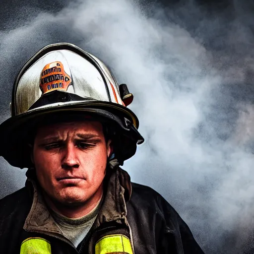 Image similar to tearful firefighter, ultra realistic, smokey