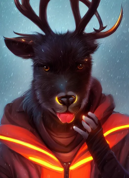 Image similar to award winning beautiful portrait commission of a male furry anthro Black Reindeer fursona with a tail, wings and a cute beautiful attractive detailed furry face wearing stylish black and orange cyberpunk clothes in a cyberpunk city at night while it rains. Character design by charlie bowater, ross tran, artgerm, and makoto shinkai, detailed, inked, western comic book art