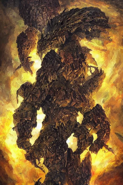 Prompt: dragonbone golem cursed by the donkeys, art by danny flynn and simon bisley, trending on artstation, halfrear lighting camera view from above naturalism, multiple exposure, oil and canvas, very very intricate, post - modernism