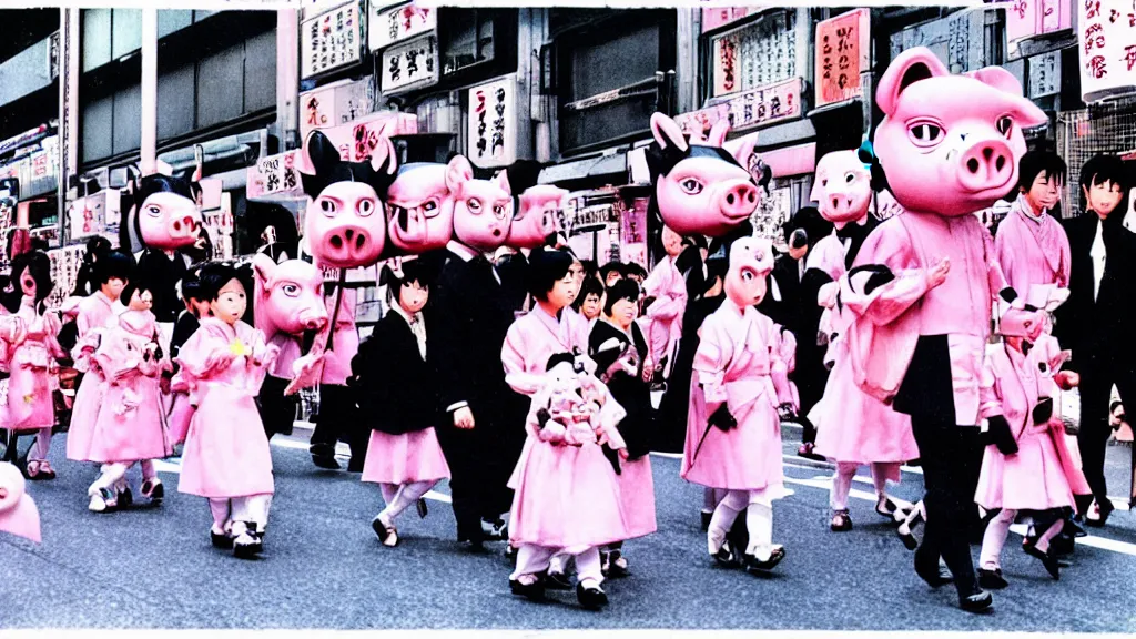 Image similar to manga of the imperial family in a parade on the streets Tokyo the imperial family are all dressed in pink and wearing pig masks, film still from the an anime directed by Katsuhiro Otomo with art direction by Salvador Dalí, wide lens