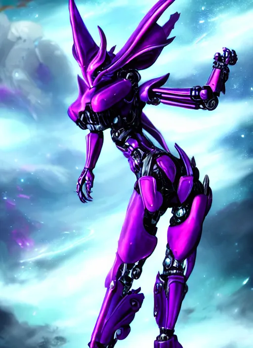 Image similar to cinematic goddess body shot, galactic sized beautiful stunning hot anthropomorphic robot mecha female dragon, sleek dragon head, metal ears, led purple eyes, smooth fuschia skin, smooth silver armor, floating in space, epic proportions, epic size, epic detail, furry art, dragon art, giantess art, warframe fanart, furaffinity, octane