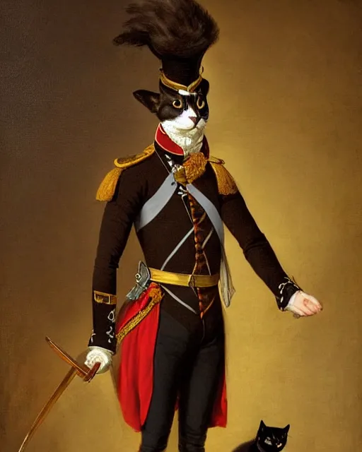 Image similar to dark brown cat with dark eyes and serious expression wearing 1 8 th century royal guard uniform, joseph ducreux, greg rutkowski, regal, stately, royal portrait, painting