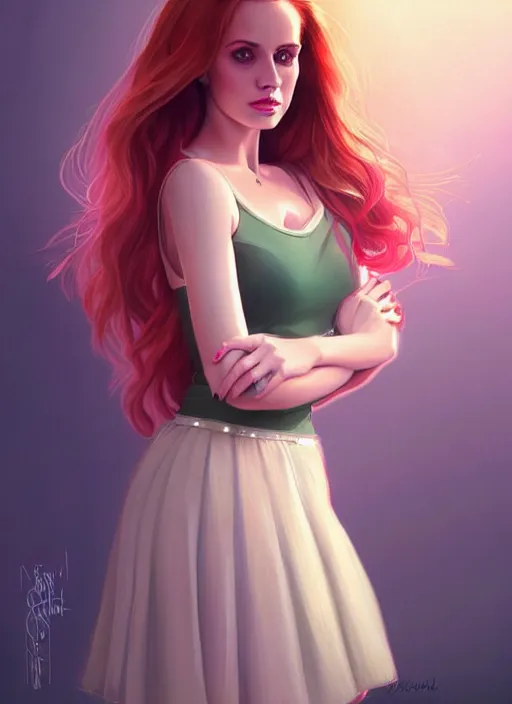 Image similar to full body portrait of teenage cheryl blossom, bangs, green eyes, sultry expression, red hair, sultry smirk, bangs and wavy hair, pink skirt, bangs, intricate, elegant, glowing lights, highly detailed, digital painting, artstation, concept art, smooth, sharp focus, illustration, art by wlop, mars ravelo and greg rutkowski