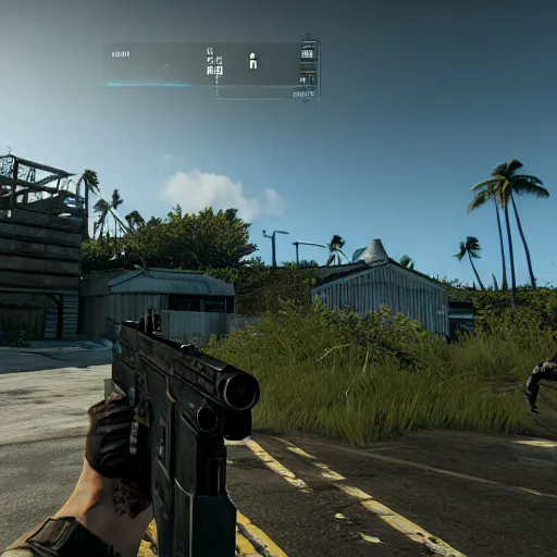 Prompt: Escape from Tarkov in Hawaii, in-game screenshot