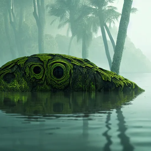 Image similar to dangerous creature lurking, eyes visible. a large body of water with green algae in it, a matte painting by filip hodas, cg society contest winner, environmental art, matte painting, volumetric lighting, cryengine