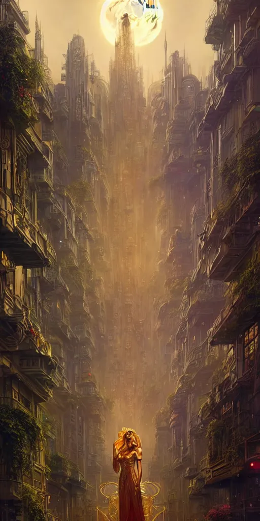 Image similar to golden ornate goddess looking at a hyper realistic cyberpunk city, busy crowded market street overtaken by lush plants, full moon, light rays, gnarly trees by tom bagshaw, mucha, gaston bussiere, craig mullins, j. c. leyendecker 8 k