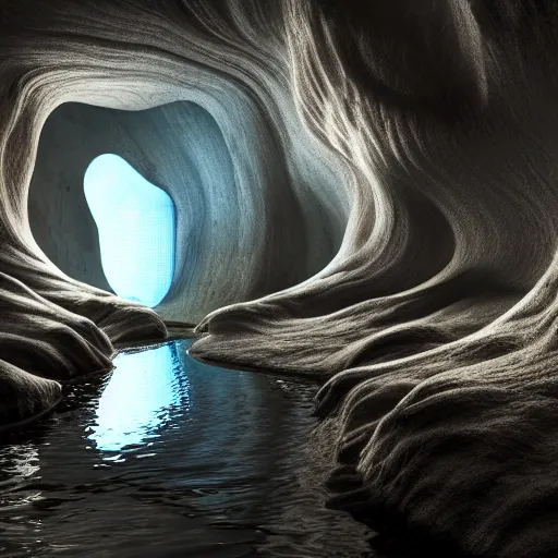 Image similar to light is mine to travel,beyond time ,the cathedrals in a underground vast cave canyon grotto, of life the beginning , geological strata,ground mist, falling water,deep clear pools of water,reflection,refraction, hyper-maximalist,micro details, 3d sculpture,,digital rendering,octane render , 4k, artstation, concept art ,amazing lighting, f42,deep depth of field,photographic, wide angle,cinematic lighting