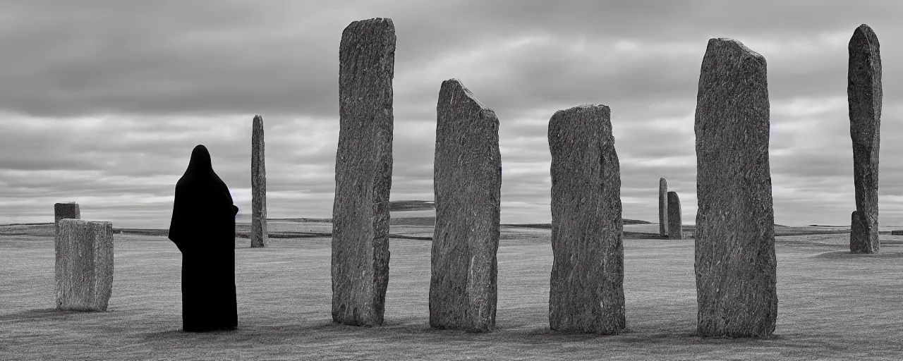 Image similar to A drawing of The grim reaper stands large in front of neolithic standing stones of stenness, by Sol LeWitt