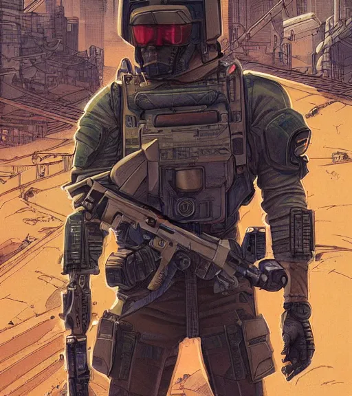 Image similar to a cyberpunk soldier with tactical gear and a rifle patrols a Japanese city on mars, Industrial Scifi, detailed illustration, character portrait, by Martin Grip and Moebius