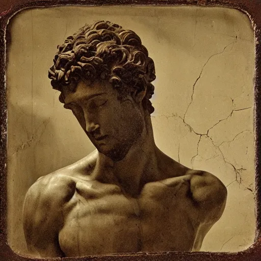 Image similar to “1800s era photograph of Michelangelo sculpting David, hyperrealistic, hd, faded, cracked, stained”