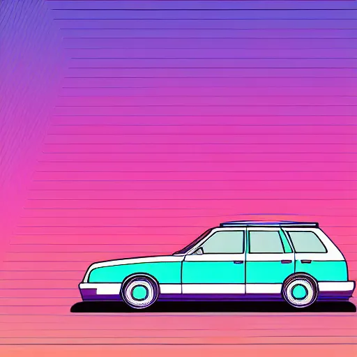 Image similar to vaporwave line art illustration of an 8 0 s station wagon driving during sunset. digits art