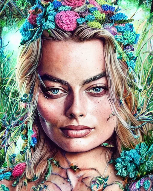 Prompt: margot robbie portrait with a tattooed body posing in a magical crochet bikini in a magical forest, beautiful eyes, realistic face, full body, fantasy art, in the style of artgerm, illustration, epic, fantasy, intricate, hyper detailed, artstation, concept art, smooth, sharp focus, ray tracing, vibrant