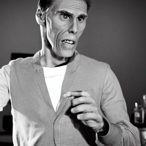 Image similar to Live Action Still of Jerma in Psycho (film), real life, hyperrealistic, ultra realistic, realistic, highly detailed, epic, HD quality, 8k resolution, body and headshot, film still