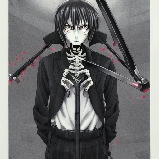 Prompt: A anime still of a grim reaper by Takeshi Obata, skeleton face symmetrical face,symmetrical body, worn clothes, military boots, pencil art on paper