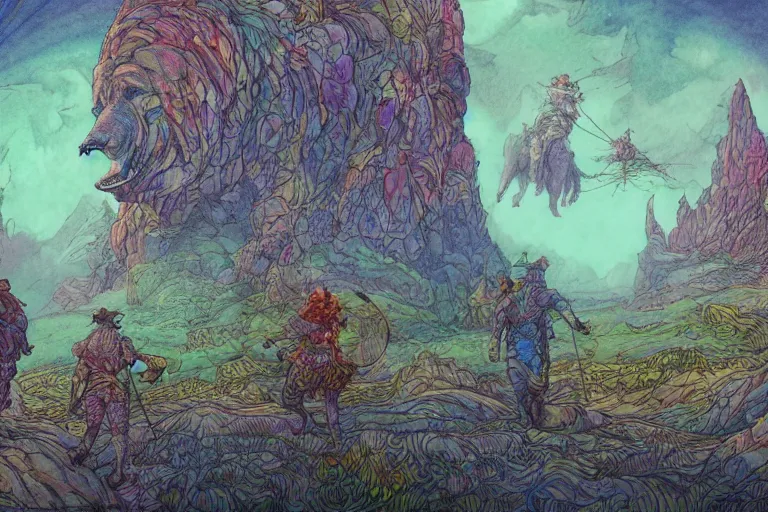 Image similar to group of bear riders walking through a psychedelic landscape, in the style of Greg Broadmore and Arthur Rackham and Moebius, trending on artstation, light lighting side view,digital art,surrealism ,macro,blueprint ,vaporwave ,