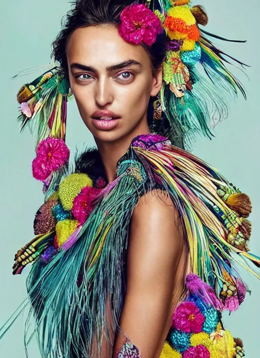 Prompt: beautiful portrait of Irina Shayk wearing fantastic Hand-dyed cotton dress,embellished beaded feather decorative fringe knots ,colorful pigtail,subtropical flowers and plants,symmetrical face,intricate,elegant,highly detailed,8k,digital painting,trending on pinterest,GUCCI,PRADA,harper's bazaar,concept art, sharp focus,golden ratio,illustration,by artgerm,Tom Bagshaw,Lawrence Alma-Tadema,greg rutkowski