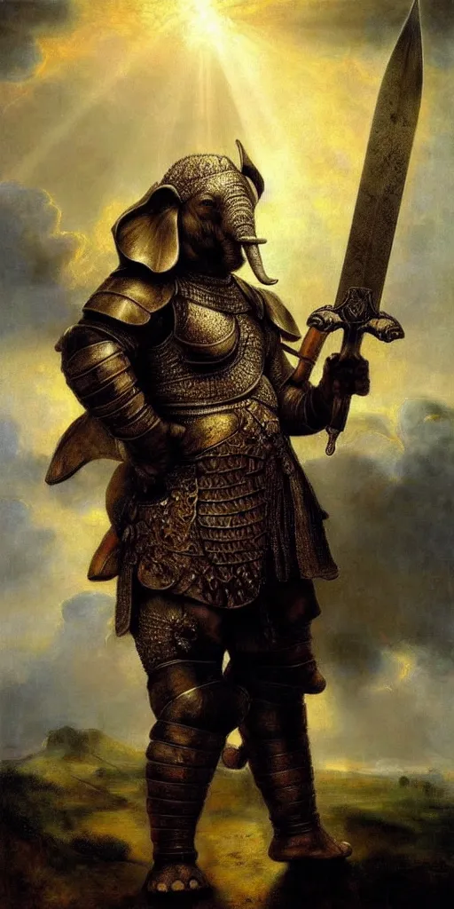 Prompt: elephant barbarian knight with big sword, strong sun backlight sunrays body , extreme very textured detailed portrait oil painting by rembrandt, dramatic clouds and atmosphere