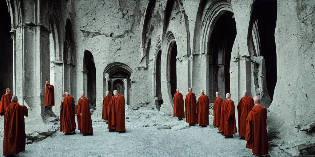 Prompt: humanoid alien robed benedictine monks sing in a boreal crumbling stone gothic brutalist monastery kodak portra ektachrome