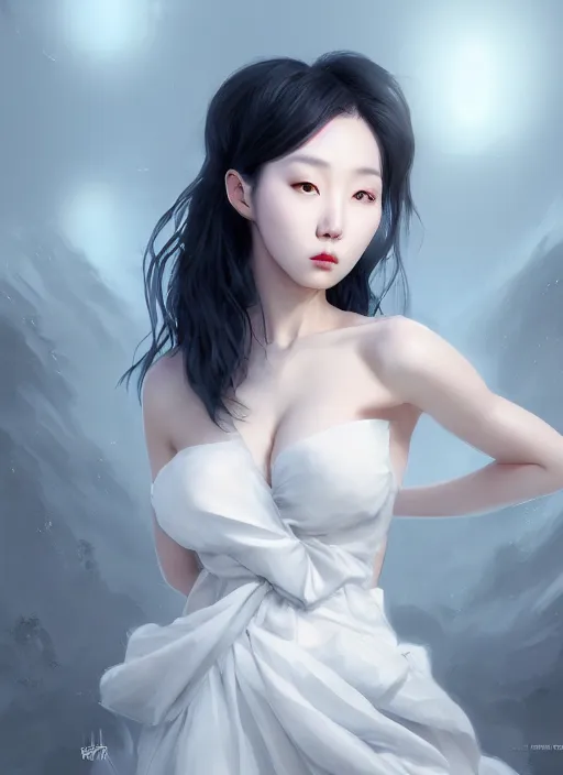 Image similar to beautiful korean fashion goddness, strapless dress, character portrait in the style of thomas river and artgerm, wlop, cinematic lighting, hyperdetailed, 8 k realistic, symmetrical, global illumination, radiant light, halo, love and mercy, frostbite 3 engine, cryengine, dof, trending on artstation, digital art, chanel