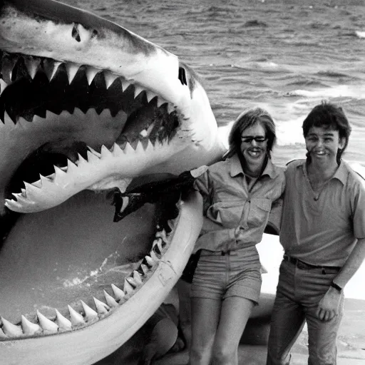 Image similar to marine biologists pose next to megladon shark, caught giant shark, scientists posing, they keep some distance, hanging shark, national geographic photo 1 9 7 0 s, fugifilm