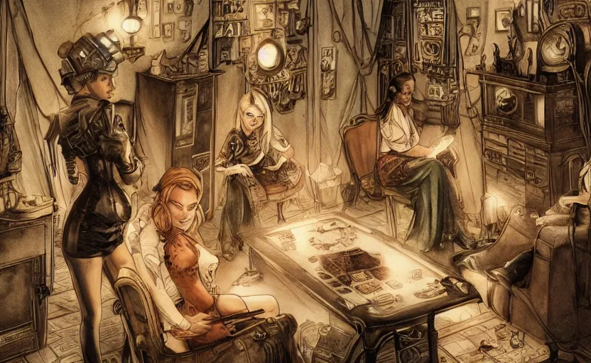 Image similar to women in the interior of a steampunk apartment, Milo Manara, night time, Margot Robbie, Scarlett Johanson, zoey Deschannel, smoking cigarettes, playing board games, highly detailed, pencil and watercolor, Tarantino movie posters, melancholy, level design, concept art, artstation, cgsociety, zenith view