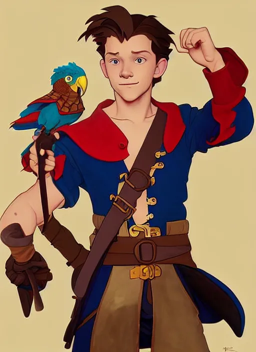 Prompt: cute tom holland as a pirate captain. parrot on his shoulder, natural lighting, path traced, highly detailed, high quality, digital painting, by don bluth and ross tran and studio ghibli and alphonse mucha, artgerm