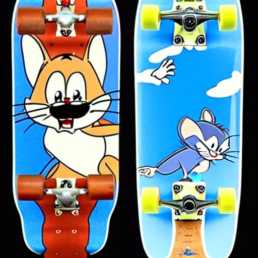 Image similar to Tom and jerry themed skate board, skate board design, underside, glossy, lots of detail, Tom and jerry themed