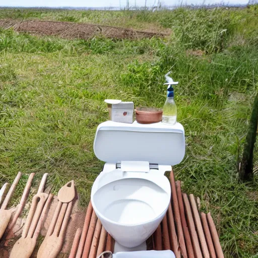 Prompt: a toilet filled with kitchen utensils instead of water, on an island, view from front