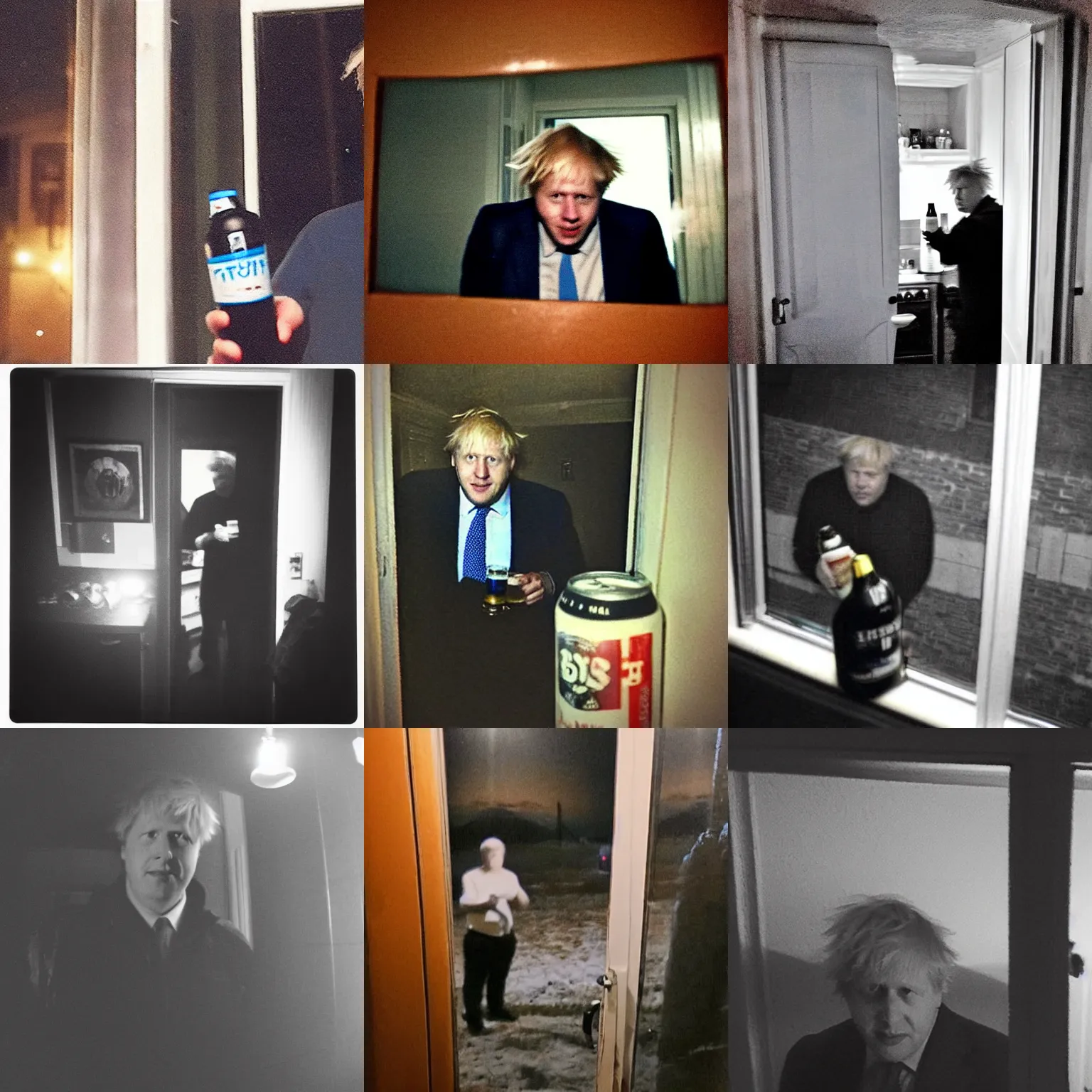 Prompt: low quality gopro photo telephoto ominous shot through a kitchen window at night of Boris Johnson sideshot standing and holding a bottle of beer, beergate scandal