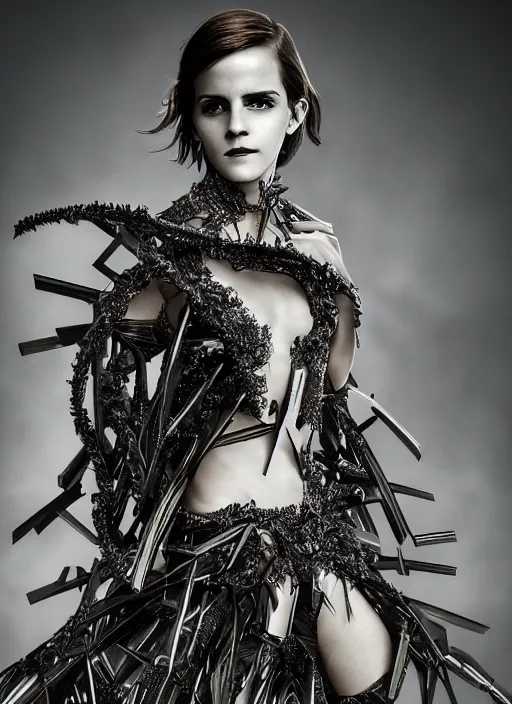 Image similar to expressive full body photo of emma watson, dress made of steel blades, glamour shot, by karol bak, stefan gesell, photorealistic, nikon d 4 x, fashion photography, hyper maximalist, elegant, ornate, luxury, elite, environmental portrait, symmetrical features, octane render, unreal engine, solid dark grey background, dramatic lights