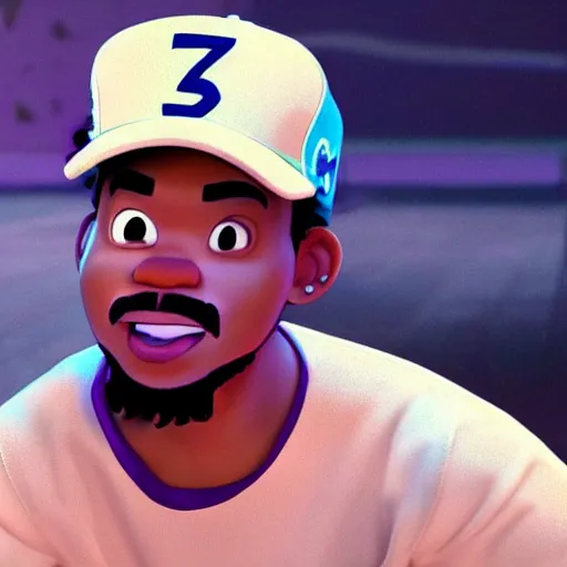 Image similar to a tv still of Chance The Rapper starring in a 2006 Pixar Animated movie