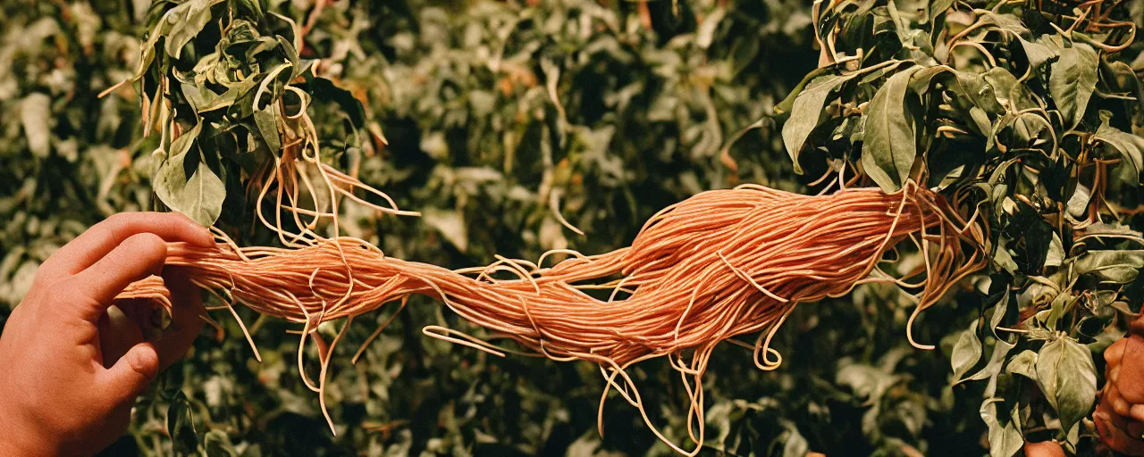 Image similar to medium shot of hands harvesting spaghetti that's growing on a plant, on a farm, canon 5 0 mm, cinematic lighting, photography, retro, film, kodachrome