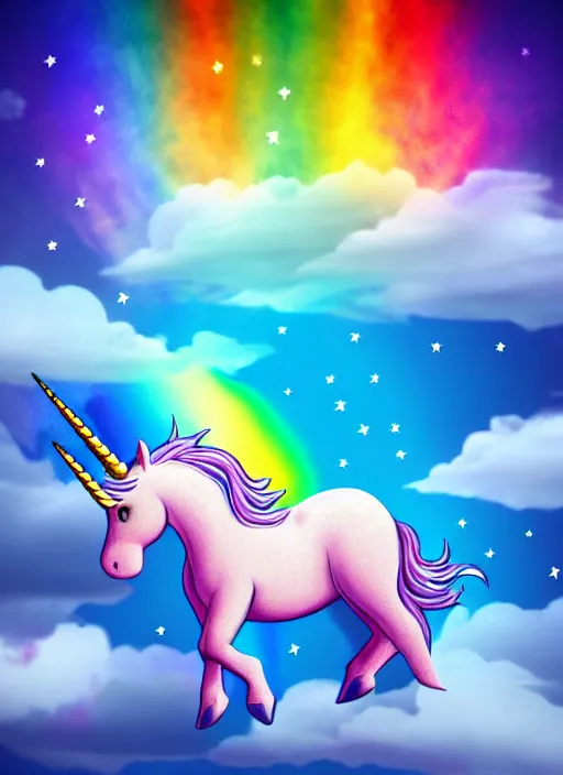 Image similar to intricate unicorn with wings, rainbow, on the background of a weird magical sky with clouds. Very detailed 8k. Fantasy. Sharp. Cinematic post-processing